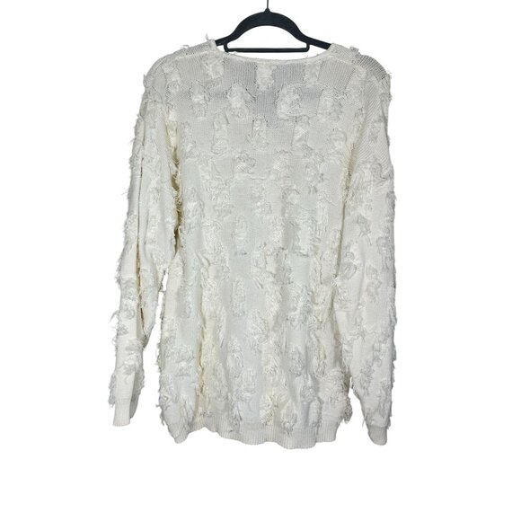 Retro Knit Fringe Sweater White L Neutral Classic Chic Preppy Fuzzy 80s Artsy - Picture 5 of 8